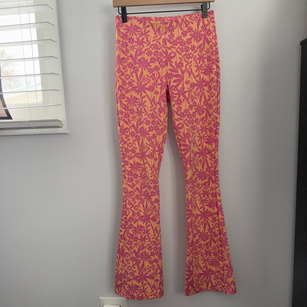 Zara‎ Small Floral Bootcut Pants Orange Pink Boho 60s 70s Hippie Pull On